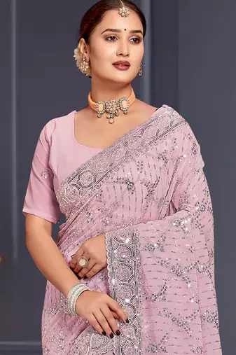 Lavender sequin embroidered georgette designer saree
