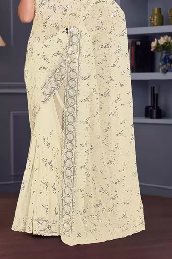 Off white sequin embroidered georgette designer saree