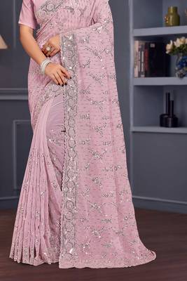 Lavender sequin embroidered georgette designer saree 4