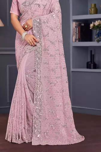 Lavender sequin embroidered georgette designer saree