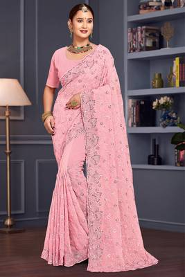 Pink sequin embroidered georgette designer saree 1