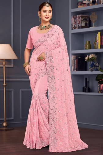 Pink sequin embroidered georgette designer saree