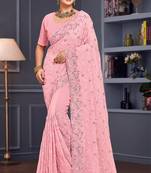 Pink sequin embroidered georgette designer saree