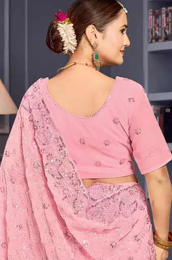 Pink sequin embroidered georgette designer saree