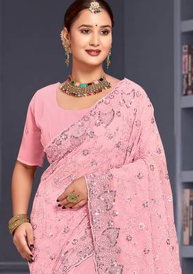 Pink sequin embroidered georgette designer saree 3