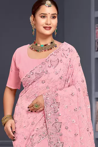 Pink sequin embroidered georgette designer saree