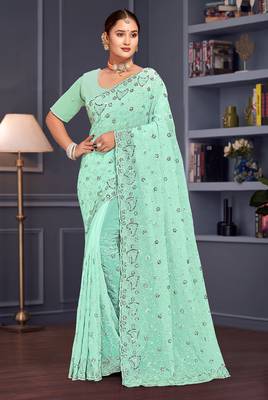 Sea green sequin embroidered georgette designer saree 1