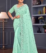 Sea green sequin embroidered georgette designer saree