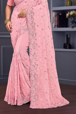 Pink sequin embroidered georgette designer saree 4