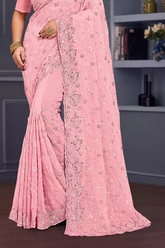 Pink sequin embroidered georgette designer saree
