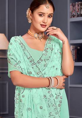 Sea green sequin embroidered georgette designer saree 2