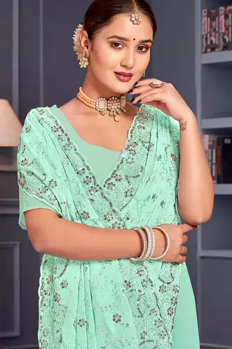 Sea green sequin embroidered georgette designer saree