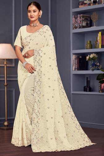 Off white sequin embroidered georgette designer saree