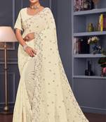 Off white sequin embroidered georgette designer saree