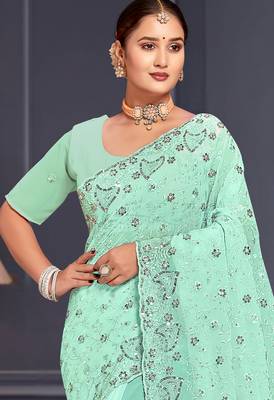 Sea green sequin embroidered georgette designer saree 3