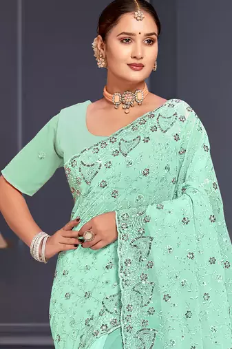 Sea green sequin embroidered georgette designer saree