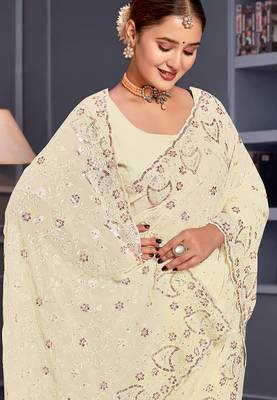 Off white sequin embroidered georgette designer saree 2