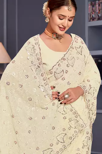 Off white sequin embroidered georgette designer saree