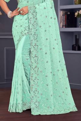 Sea green sequin embroidered georgette designer saree 4