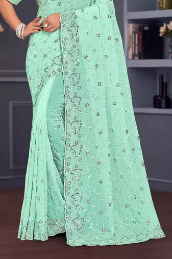 Sea green sequin embroidered georgette designer saree