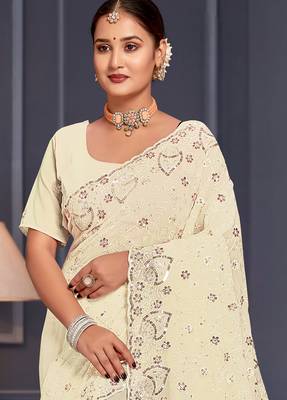 Off white sequin embroidered georgette designer saree 3