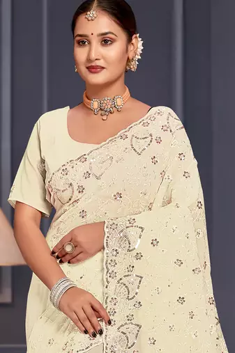Off white sequin embroidered georgette designer saree
