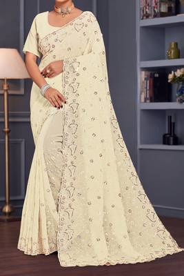 Off white sequin embroidered georgette designer saree 4