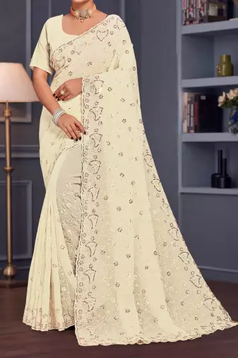 Off white sequin embroidered georgette designer saree
