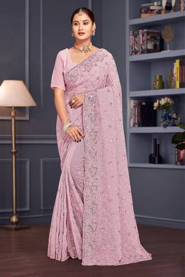 Lavender sequin embroidered georgette designer saree 1