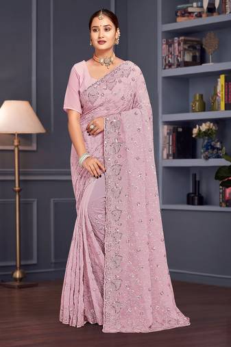 Lavender sequin embroidered georgette designer saree