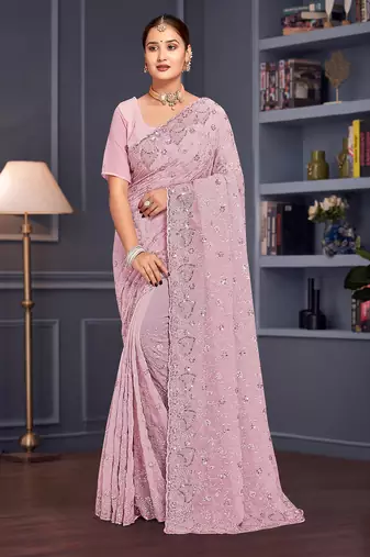 Lavender sequin embroidered georgette designer saree