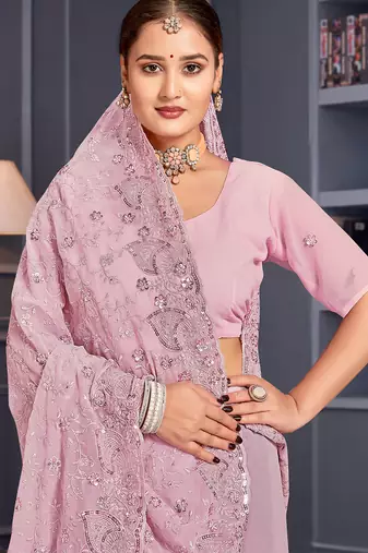 Lavender sequin embroidered georgette designer saree