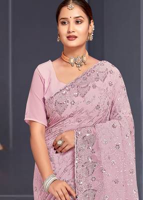 Lavender sequin embroidered georgette designer saree 3