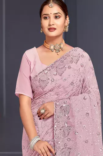 Lavender sequin embroidered georgette designer saree