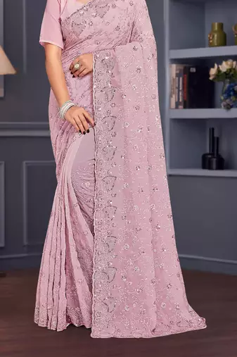 Lavender sequin embroidered georgette designer saree