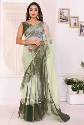 ready to wear pista jimmy choo ruffle saree with unstitched blouse 1