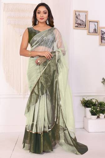 pista Jimmy Choo Ruffle Ready To Wear Saree with Unstitched Blouse