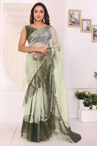 pista Jimmy Choo Ruffle Ready To Wear Saree with Unstitched Blouse