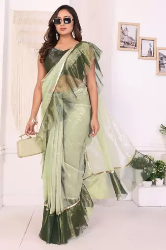 ready to wear pista jimmy choo ruffle saree with unstitched blouse