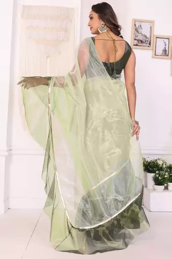 ready to wear pista jimmy choo ruffle saree with unstitched blouse
