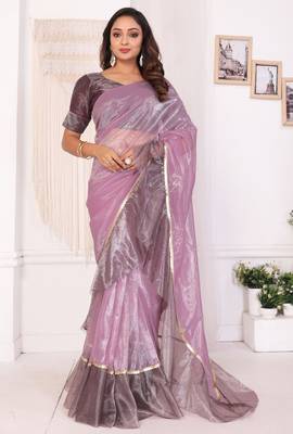 ready to wear purple jimmy choo ruffle saree with unstitched blouse 1