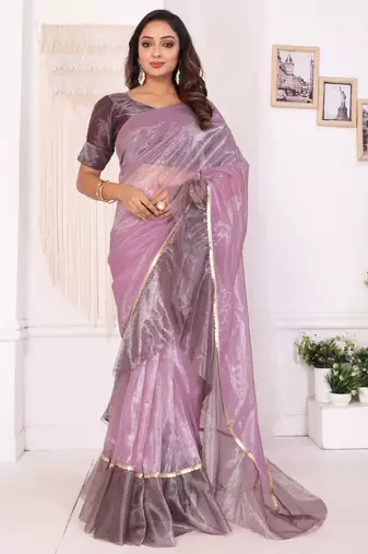 purple Jimmy Choo Ruffle Ready To Wear Saree with Unstitched Blouse