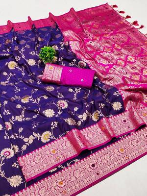 Purple soft silk blend saree with zari weaving meenakari design 1