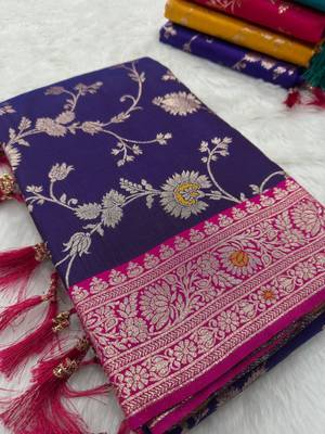 Purple soft silk blend saree with zari weaving meenakari design 3