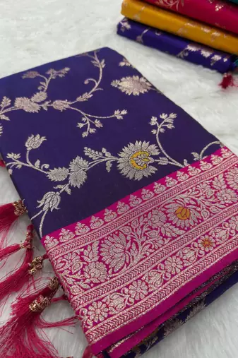 Purple soft silk blend saree with zari weaving meenakari design