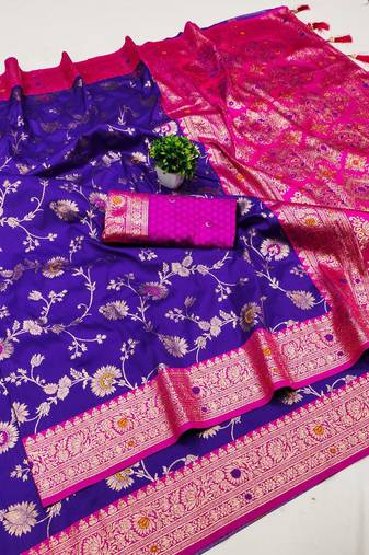 Violet soft silk blend saree with zari weaving meenakari design