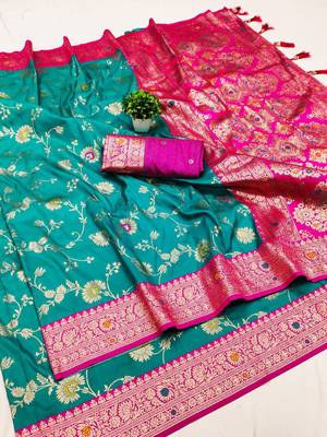 Sky soft silk blend saree with zari weaving meenakari design 1