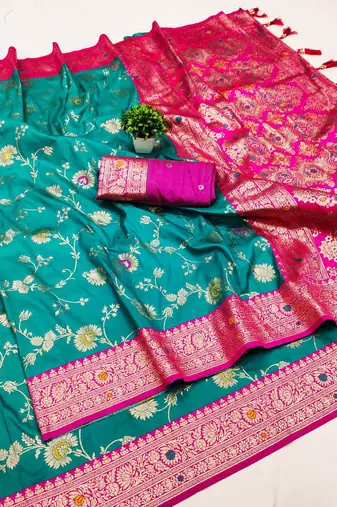 Sky soft silk blend saree with zari weaving meenakari design
