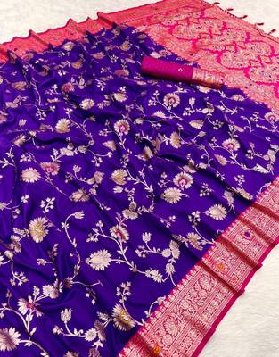 Violet soft silk blend saree with zari weaving meenakari design 2