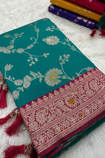 Sky soft silk blend saree with zari weaving meenakari design